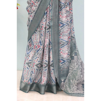 Generic Women's Linen Digital Print Saree With Unstitched Blouse 5.5Mtr (Grey)