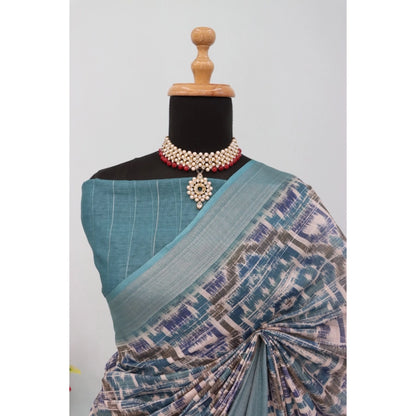 Generic Women's Linen Digital Print Saree With Unstitched Blouse 5.5Mtr (Green)