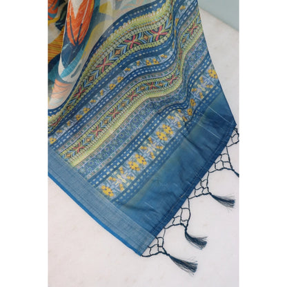 Generic Women's Linen Digital Print Saree With Unstitched Blouse 5.5Mtr (Multicolor)
