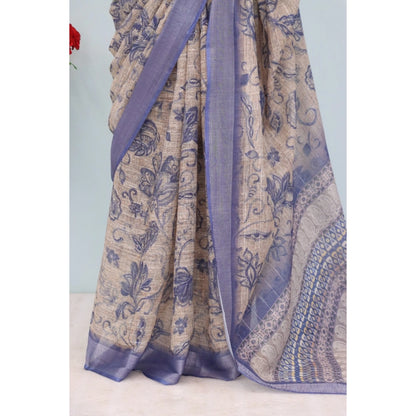 Generic Women's Linen Digital Print Saree With Unstitched Blouse 5.5Mtr (Blue)