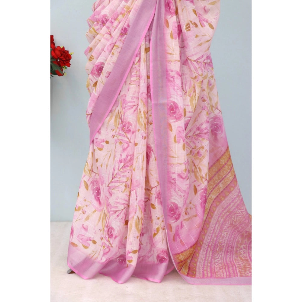 Generic Women's Linen Digital Print Saree With Unstitched Blouse 5.5Mtr (Pink)