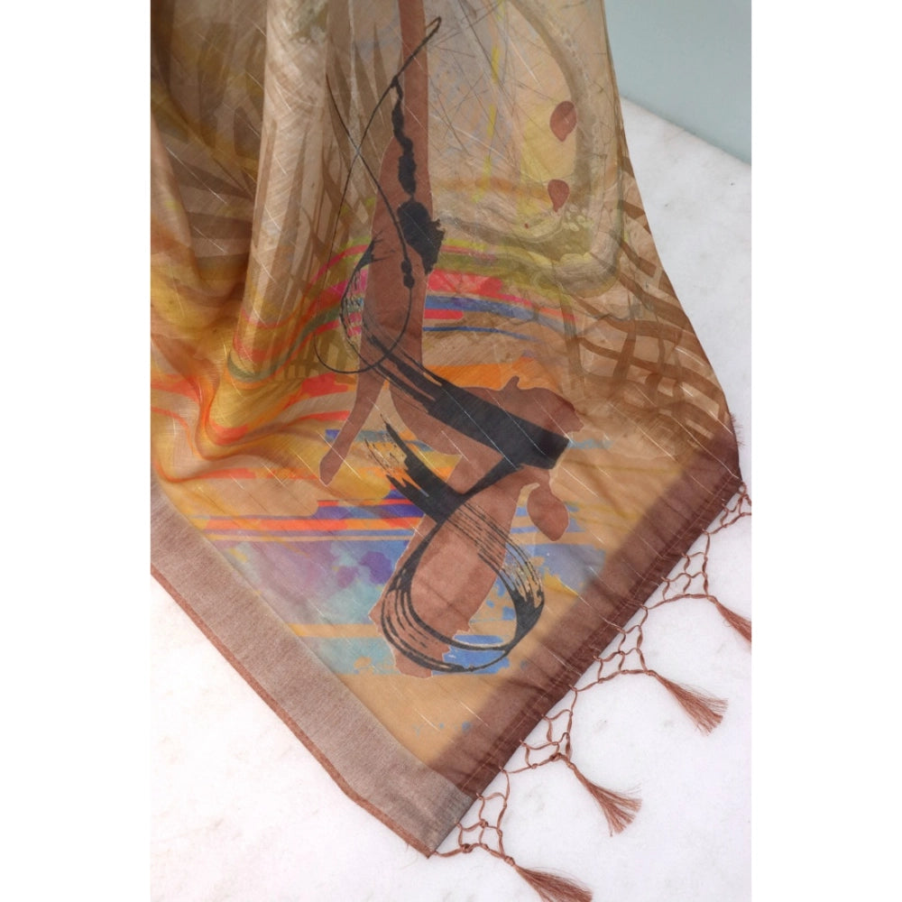 Generic Women's Linen Digital Print Saree With Unstitched Blouse 5.5Mtr (Multicolor)