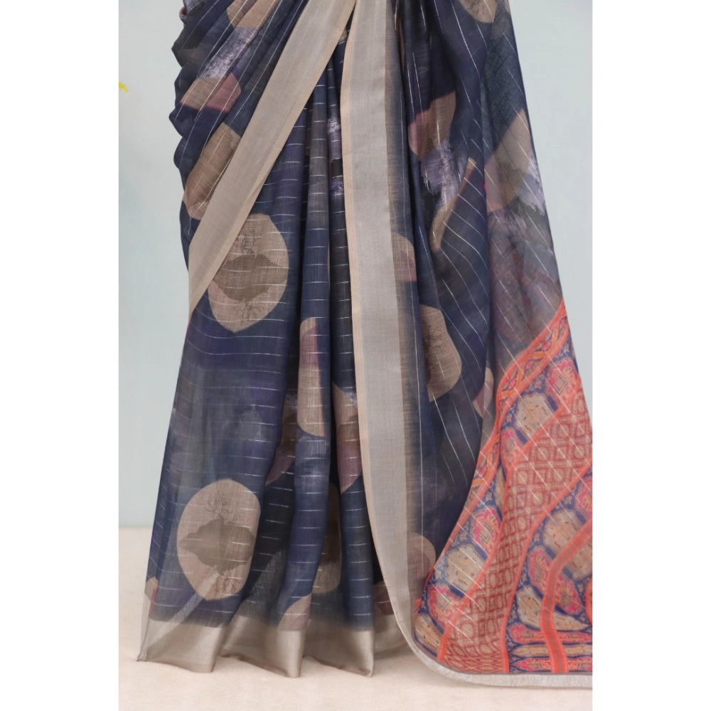 Generic Women's Linen Digital Print Saree With Unstitched Blouse 5.5Mtr (Blue)