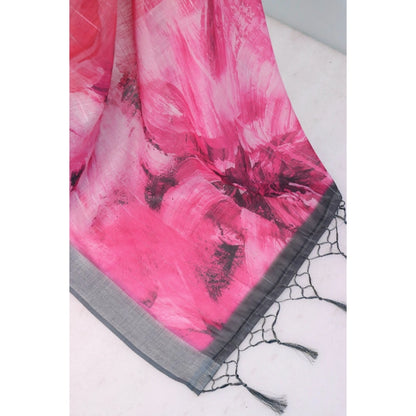Generic Women's Linen Digital Print Saree With Unstitched Blouse 5.5Mtr (Pink)