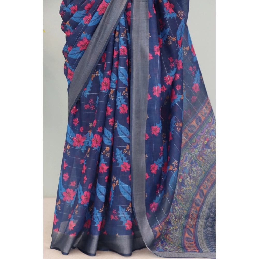 Generic Women's Linen Digital Print Saree With Unstitched Blouse 5.5Mtr (Blue)