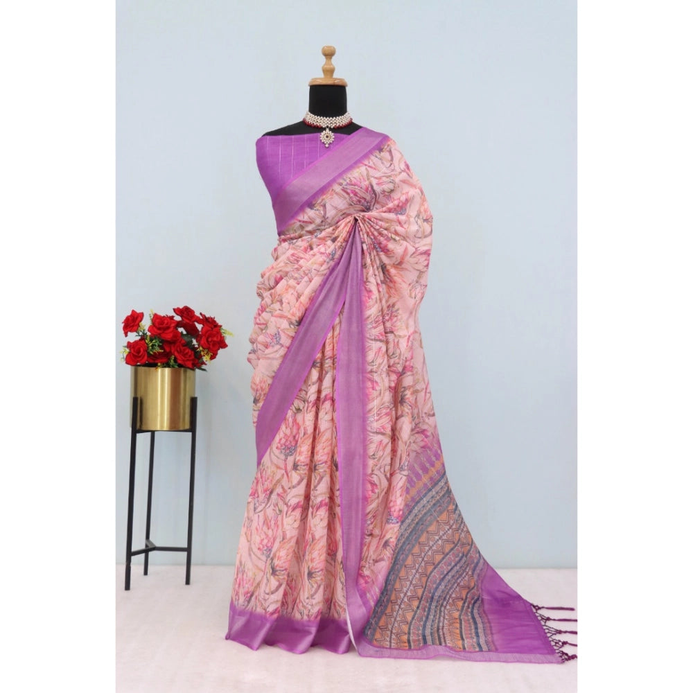 Generic Women's Linen Digital Print Saree With Unstitched Blouse 5.5Mtr (Purple)