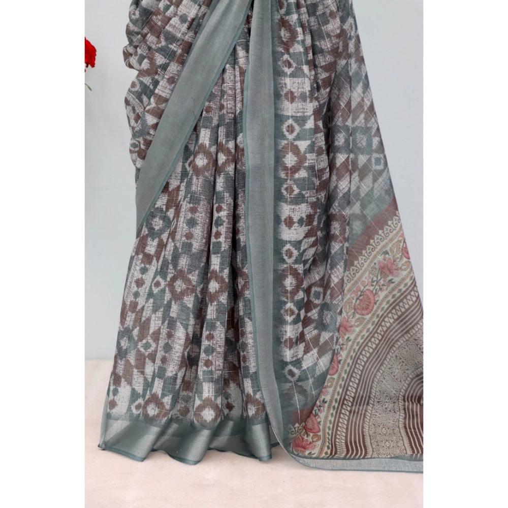 Generic Women's Linen Digital Print Saree With Unstitched Blouse 5.5Mtr (Grey)