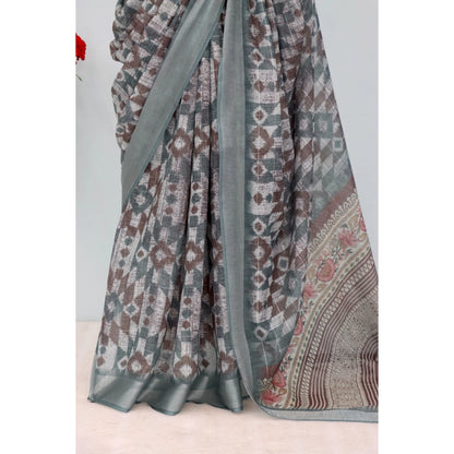 Generic Women's Linen Digital Print Saree With Unstitched Blouse 5.5Mtr (Grey)