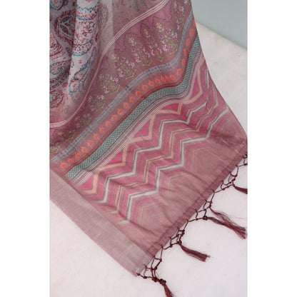 Generic Women's Linen Digital Print Saree With Unstitched Blouse 5.5Mtr (Brown)