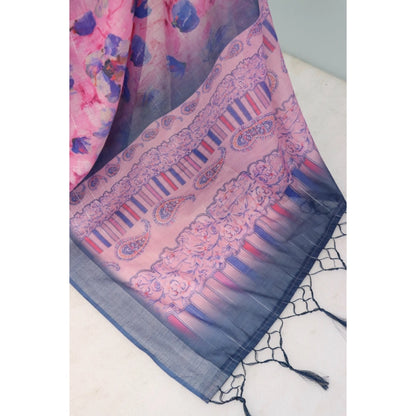 Generic Women's Linen Digital Print Saree With Unstitched Blouse 5.5Mtr (Multicolor)