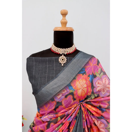 Generic Women's Linen Digital Print Saree With Unstitched Blouse 5.5Mtr (Grey)