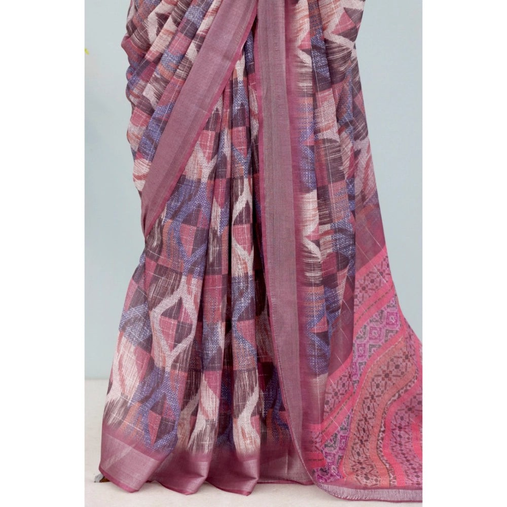 Generic Women's Linen Digital Print Saree With Unstitched Blouse 5.5Mtr (Pink)