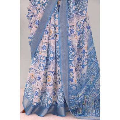 Generic Women's Linen Digital Print Saree With Unstitched Blouse 5.5Mtr (Blue)