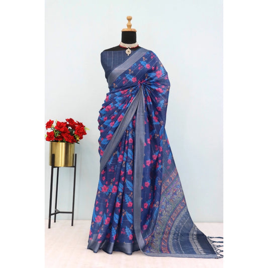 Generic Women's Linen Digital Print Saree With Unstitched Blouse 5.5Mtr (Blue)