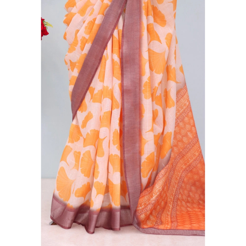 Generic Women's Linen Digital Print Saree With Unstitched Blouse 5.5Mtr (Orange)