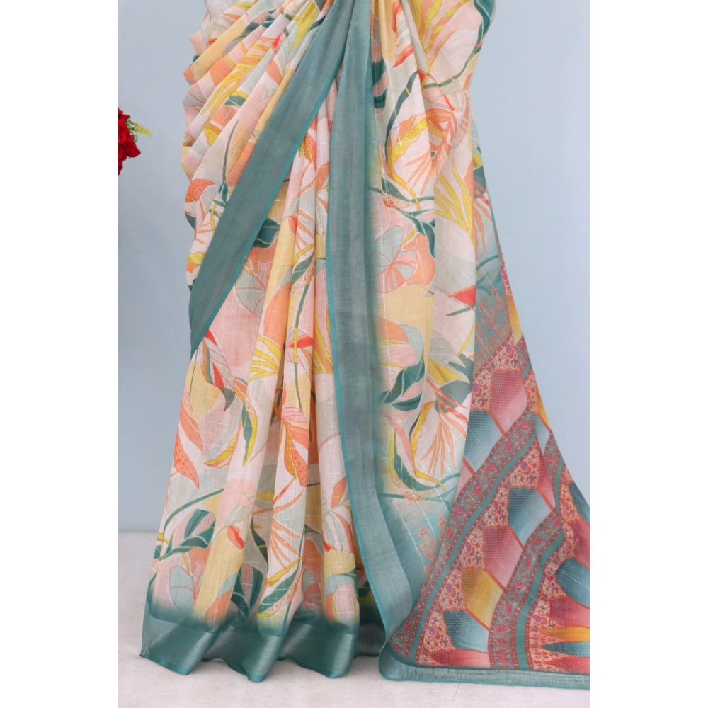 Generic Women's Linen Digital Print Saree With Unstitched Blouse 5.5Mtr (Green)