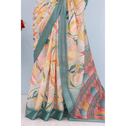 Generic Women's Linen Digital Print Saree With Unstitched Blouse 5.5Mtr (Green)