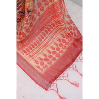Generic Women's Linen Digital Print Saree With Unstitched Blouse 5.5Mtr (Pink)