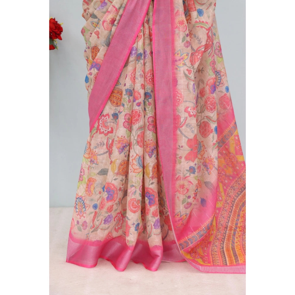 Generic Women's Linen Digital Print Saree With Unstitched Blouse 5.5Mtr (Pink)