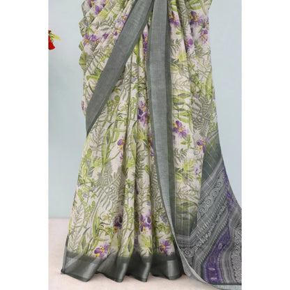 Generic Women's Linen Digital Print Saree With Unstitched Blouse 5.5Mtr (Green)