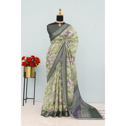 Generic Women's Linen Digital Print Saree With Unstitched Blouse 5.5Mtr (Green)