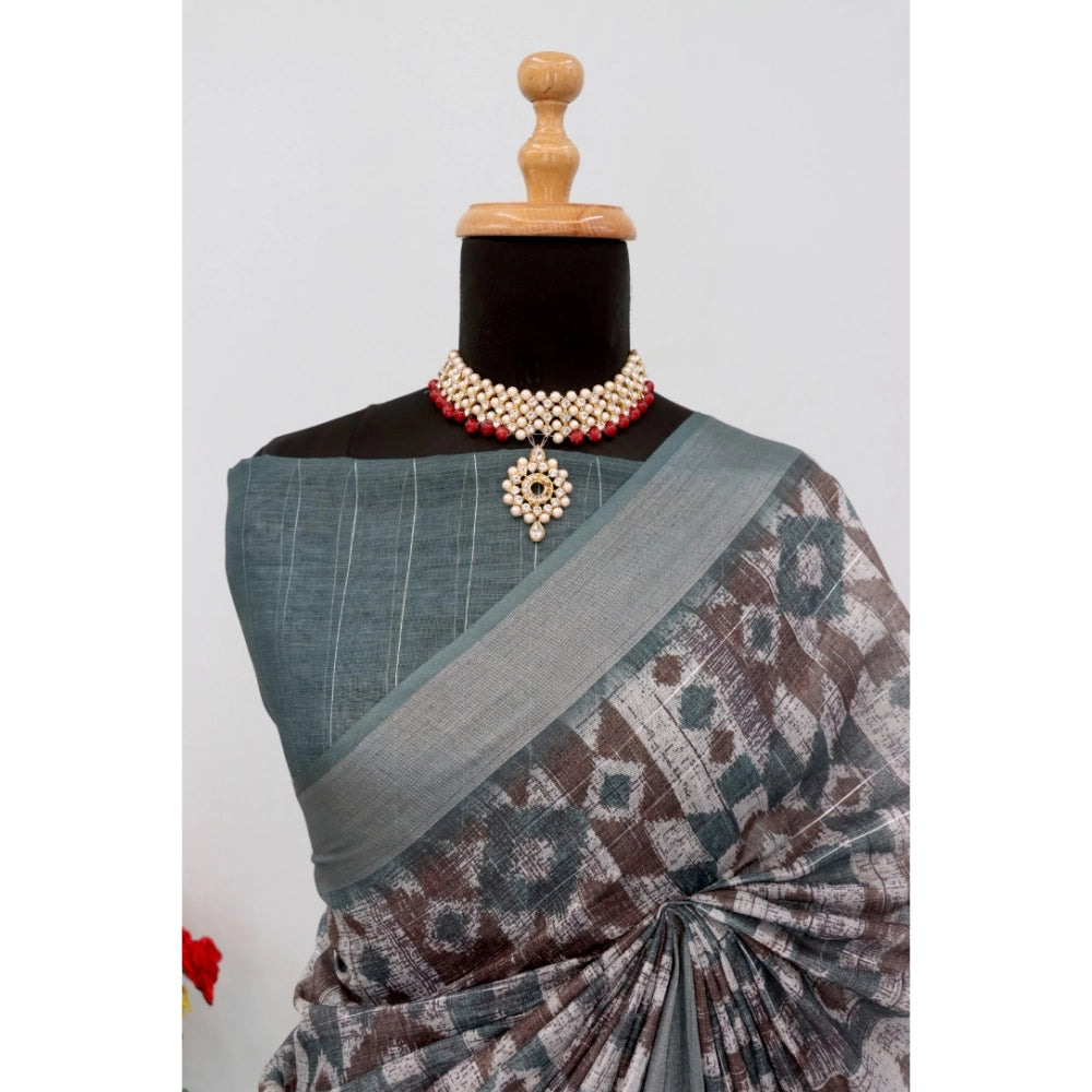 Generic Women's Linen Digital Print Saree With Unstitched Blouse 5.5Mtr (Grey)