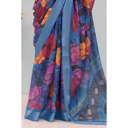 Generic Women's Linen Digital Print Saree With Unstitched Blouse 5.5Mtr (Blue)