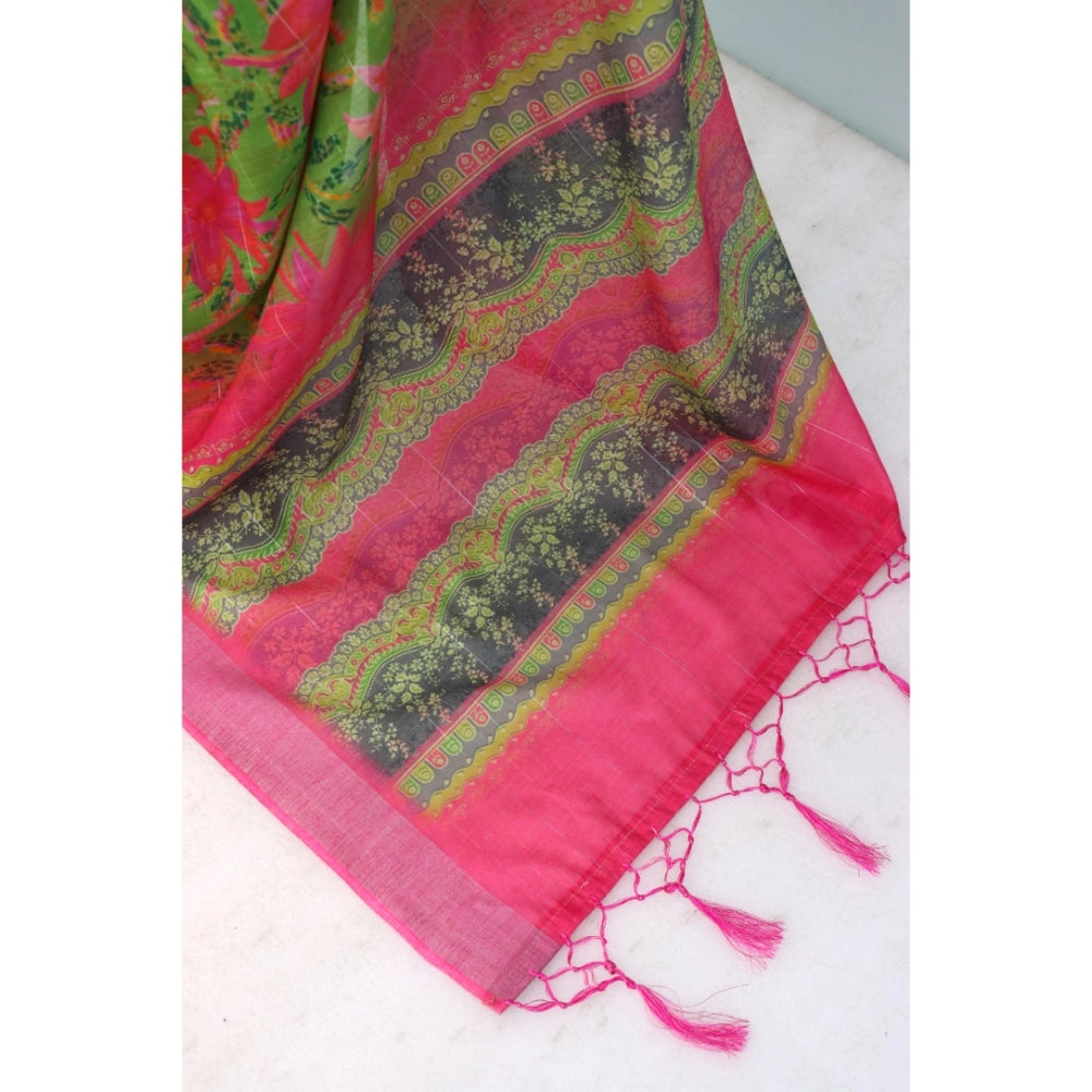 Generic Women's Linen Digital Print Saree With Unstitched Blouse 5.5Mtr (Green)