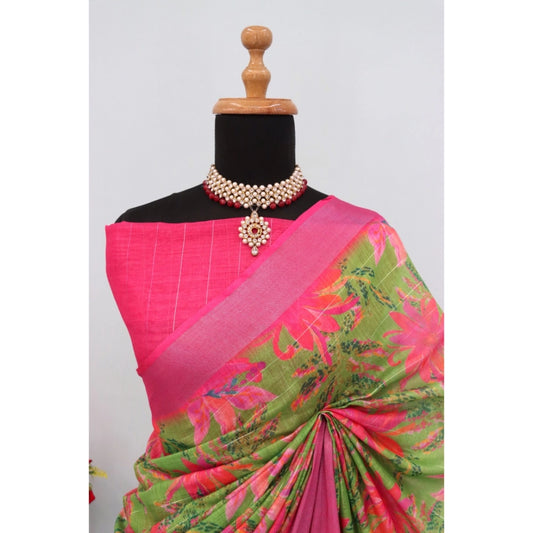 Generic Women's Linen Digital Print Saree With Unstitched Blouse 5.5Mtr (Green)