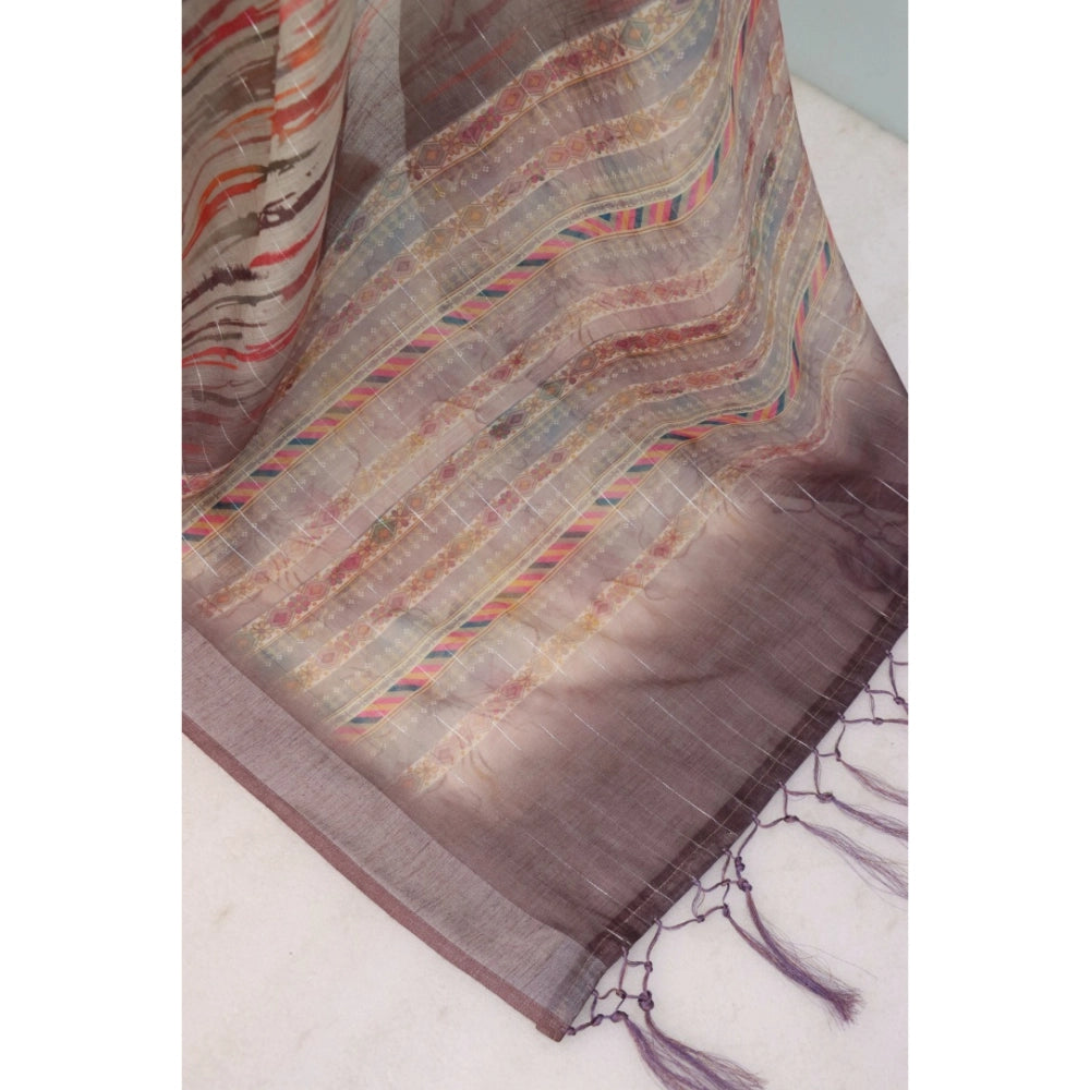 Generic Women's Linen Digital Print Saree With Unstitched Blouse 5.5Mtr (Grey)