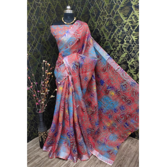 Generic Women's Cotton Linen Woven Design Saree With Unstitched Blouse 5.5Mtr (Red)