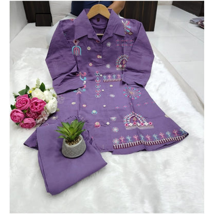 Generic Women's Roman Silk Embroidered 3/4th Sleeve Collar Neck Co-Ord Set (Purple)