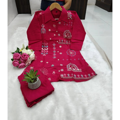 Generic Women's Roman Silk Embroidered 3/4th Sleeve Collar Neck Co-Ord Set (Red)