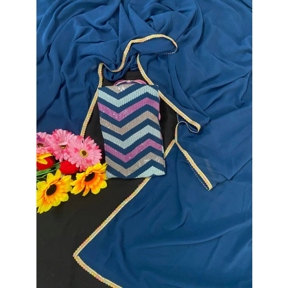 Generic Women's Fox Georgette  Solid Saree With Unstitched Blouse 5.5Mtr (Blue)