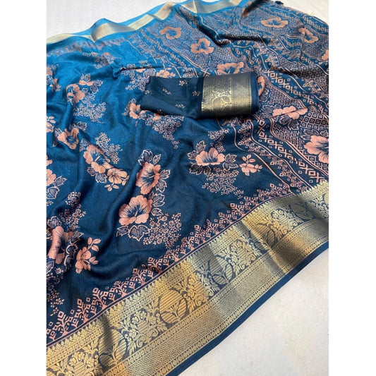 Generic Women's Jacquard Printed Saree With Unstitched Blouse 5.5Mtr (Blue)