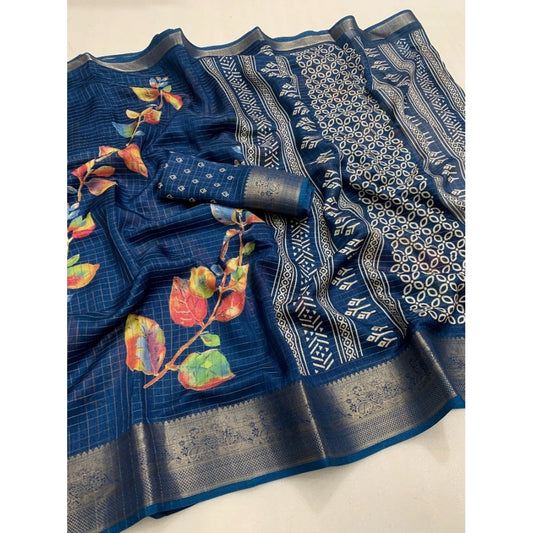 Generic Women's Dola Silk Printed Saree With Unstitched Blouse 5.5Mtr (Blue)