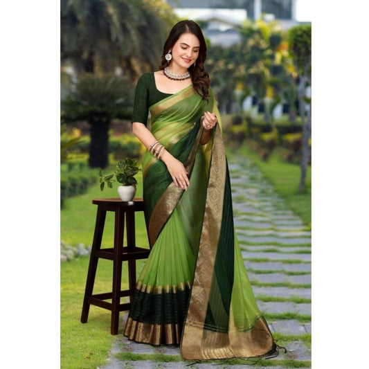 Generic Women's Khadi Cotton  Solid Saree With Unstitched Blouse 5.5Mtr (Green)