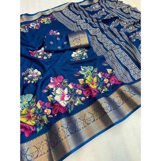 Generic Women's Jacquard Printed Saree With Unstitched Blouse 5.5Mtr (Blue)