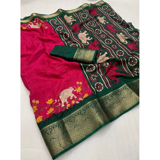 Generic Women's Dola Silk Printed Saree With Unstitched Blouse 5.5Mtr (Pink)