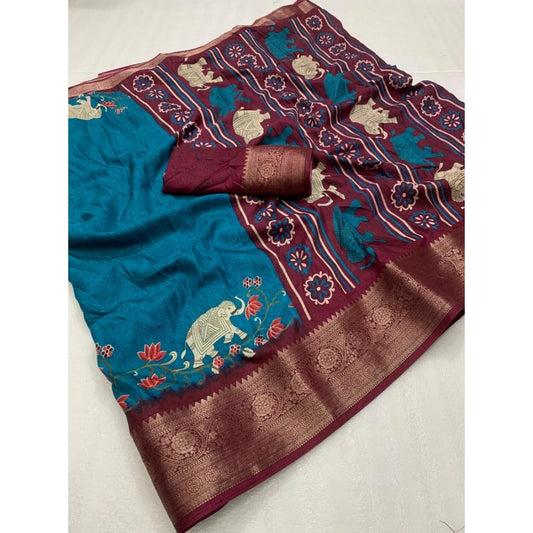 Generic Women's Dola Silk Printed Saree With Unstitched Blouse 5.5Mtr (Blue)