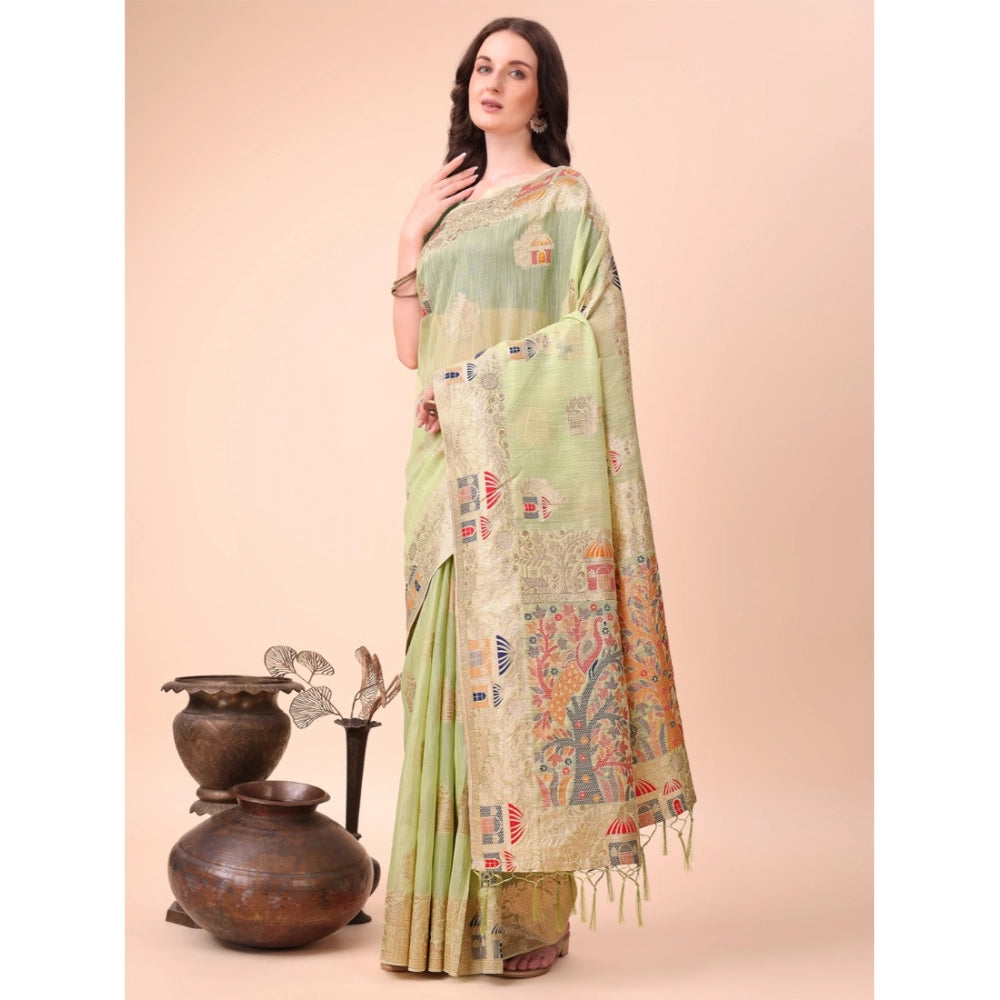 Generic Women's Linen Cotton Printed Saree With Unstitched Blouse 5.5Mtr (Light Green)