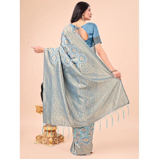 Generic Women's Cotton Printed Saree With Unstitched Blouse 5.5Mtr (Sky Blue)