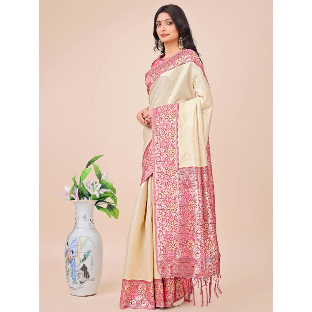 Generic Women's Lichi Silk Printed Saree With Unstitched Blouse 5.5Mtr (Cream)