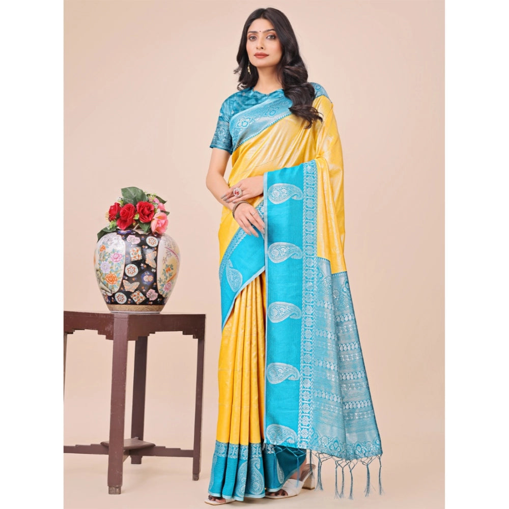 Generic Women's Lichi Silk Printed Saree With Unstitched Blouse 5.5Mtr (Yellow)
