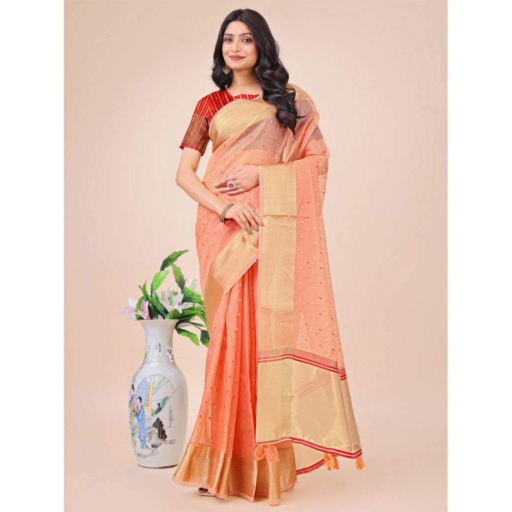 Generic Women's Organza Printed Saree With Unstitched Blouse 5.5Mtr (Peach)