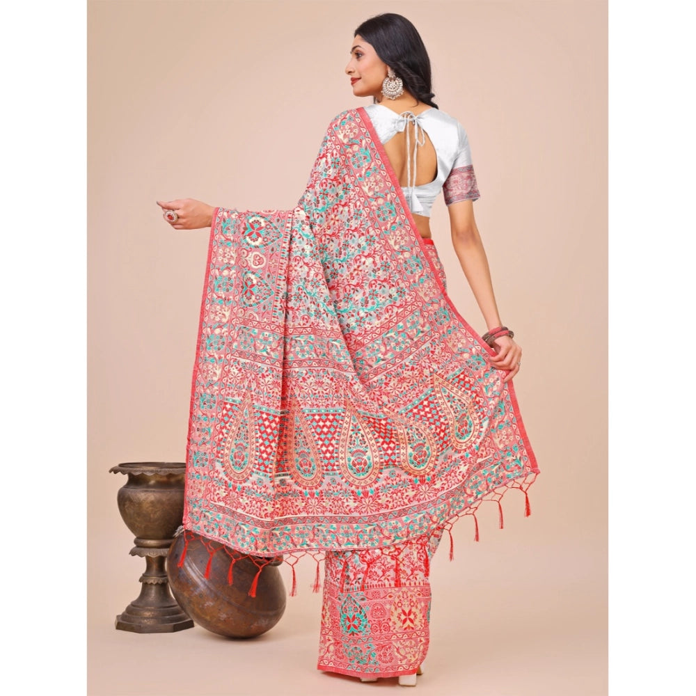 Generic Women's Cotton Printed Saree With Unstitched Blouse 5.5Mtr (White)