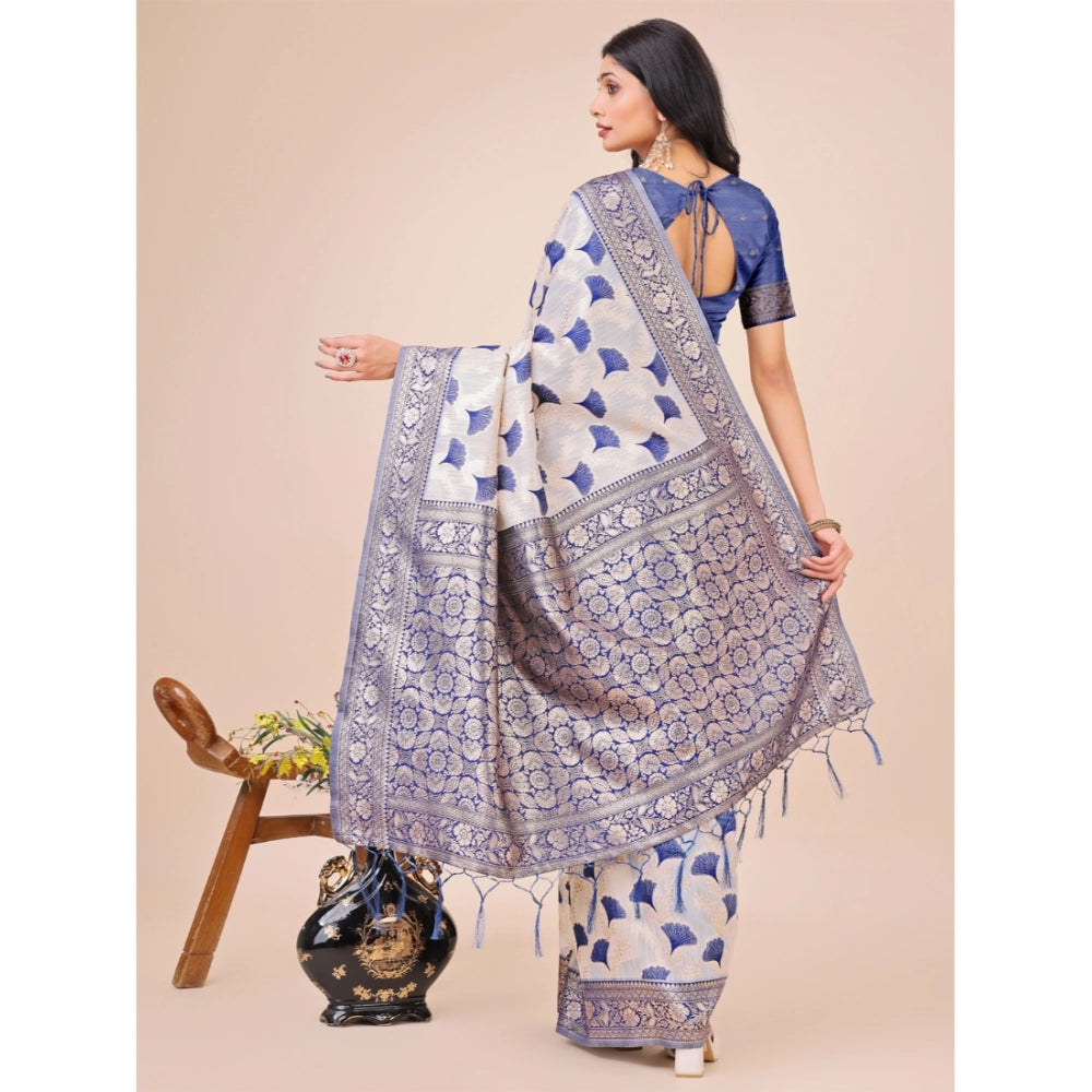 Generic Women's Linen Cotton Printed Saree With Unstitched Blouse 5.5Mtr (Blue)