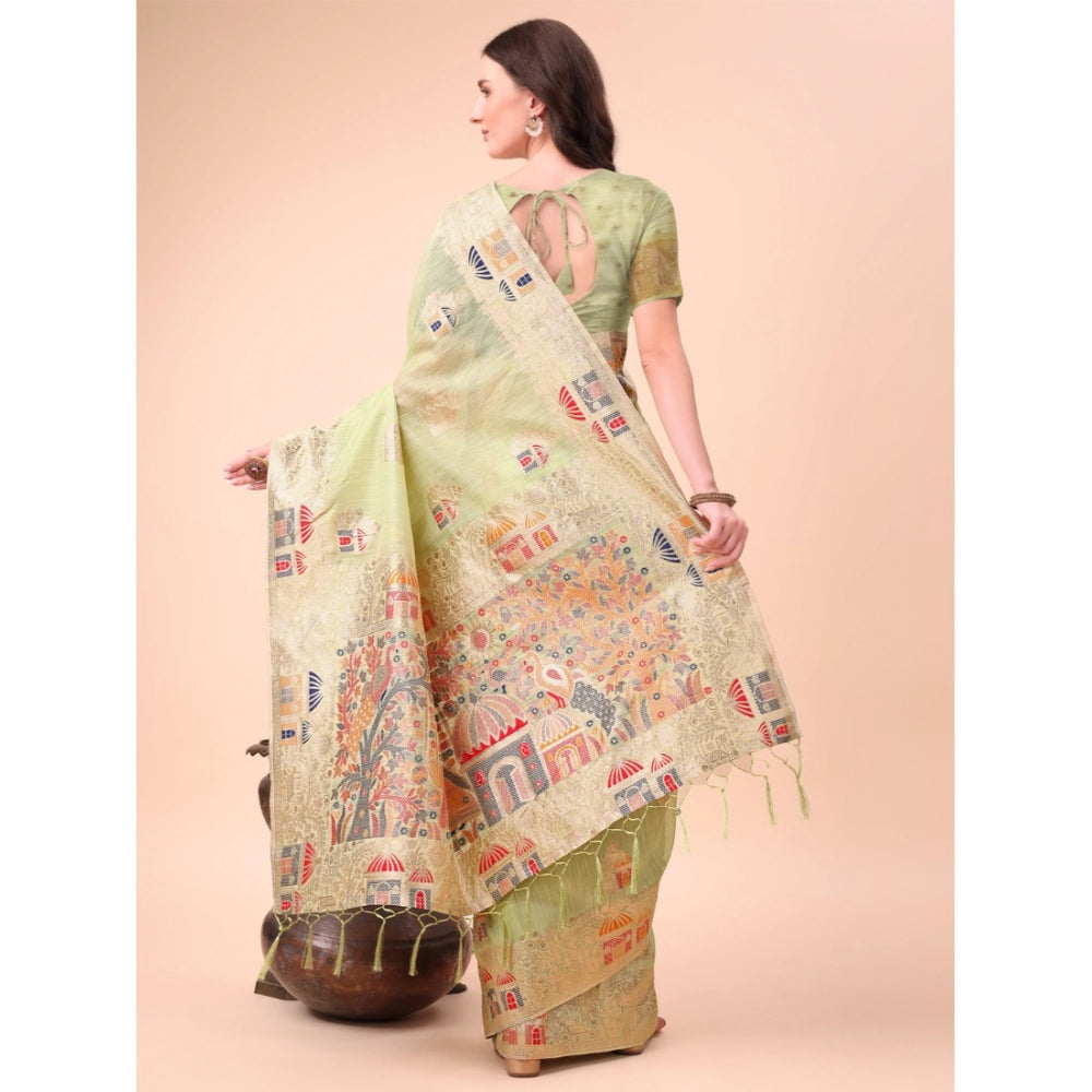 Generic Women's Linen Cotton Printed Saree With Unstitched Blouse 5.5Mtr (Light Green)