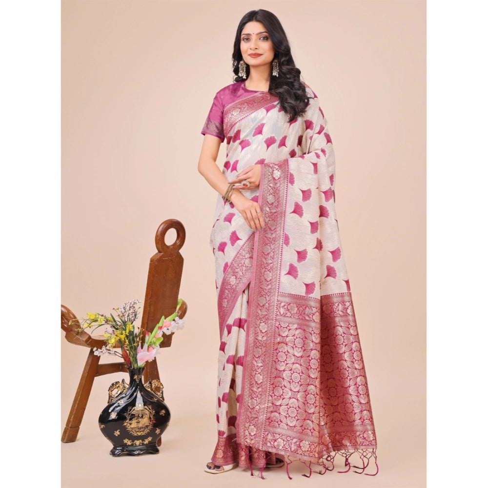 Generic Women's Linen Cotton Printed Saree With Unstitched Blouse 5.5Mtr (Magenta)