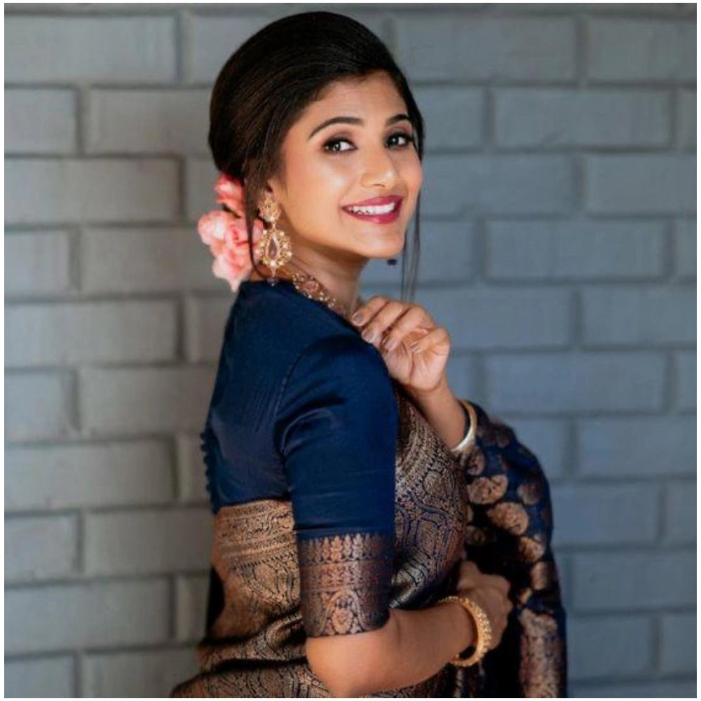 Generic Women's Silk Printed Saree With Unstitched Blouse 5.5Mtr (Blue)